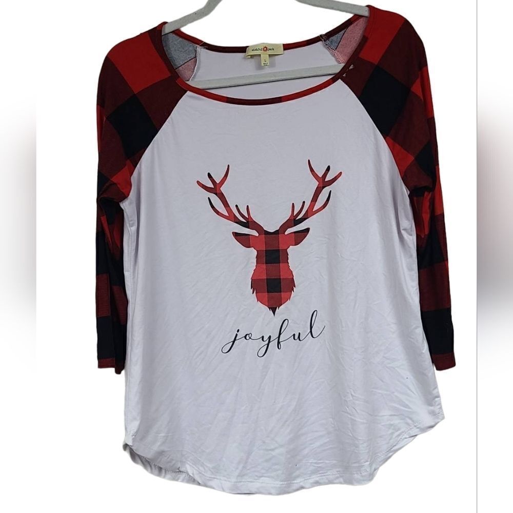 Women's Joyful Holiday Tee Buffalo Plaid Raglan Sleeve Shirt Deer Reindeer Print